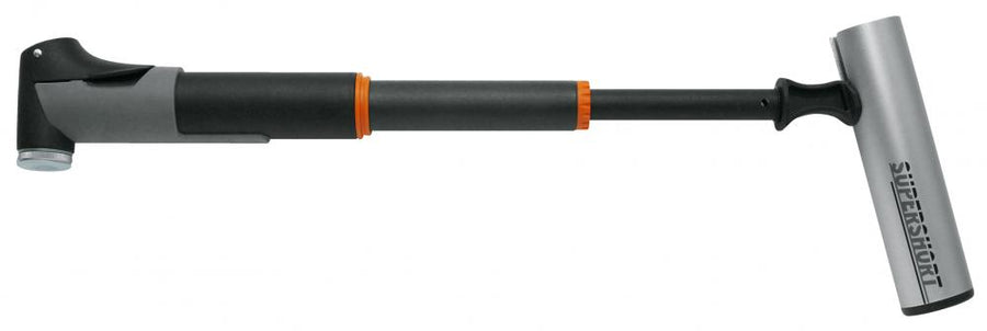 SKS Minipumpe Supershort - kompakt und leicht mit nur 164 mm Länge und 103 g Gewicht. Teleskopfunktion und abnehmbarer T-Griff aus Aluminium. Für alle Ventilarten