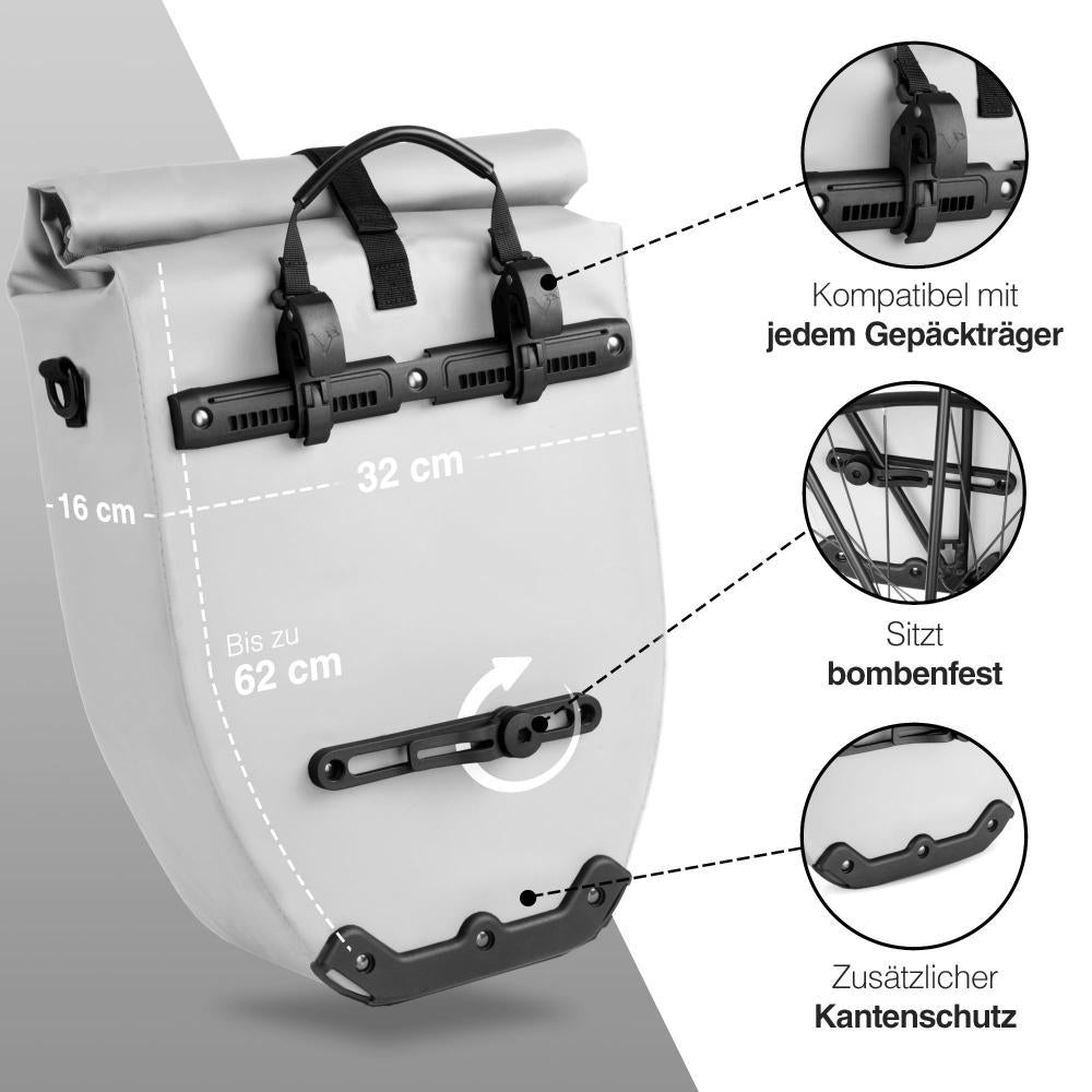 Valkental ValkBasic 20L reflektierende Gepäckträgertasche in Hellgrau mit stabiler Befestigung und Kantenschutz.
