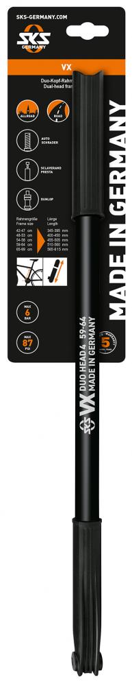 SKS Duokopf-Pumpe VX schwarz 510-560mm für DV/AV/SV  Flexible Fahrradpumpe mit Headerkarte, ideal für RH 59-64cm