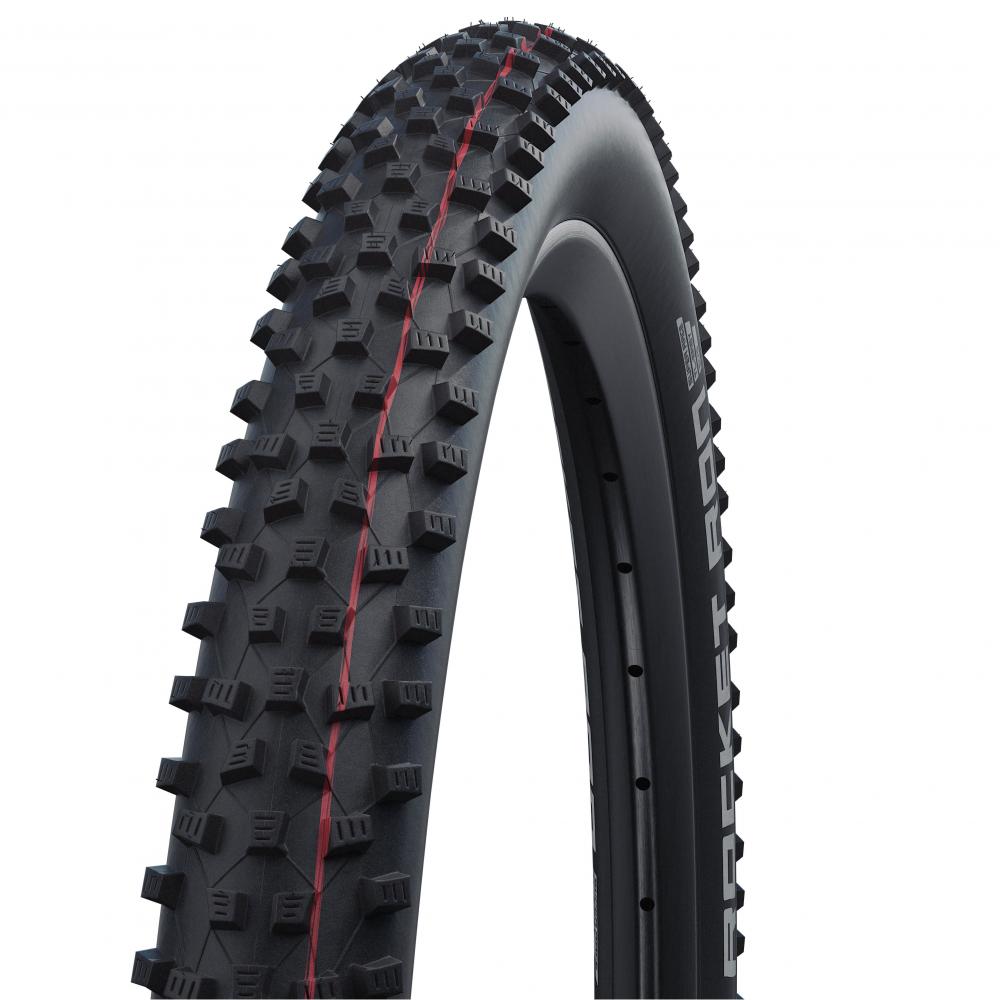 Schwalbe Rocket Ron 24x2.35" schwarzer TLE Faltreifen mit Stollenprofil und roten Akzenten.
