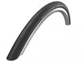Schwalbe Faltreifen Lugano II 700x25C, schwarz mit silbernem Seitenstreifen, auf weißem Hintergrund.
