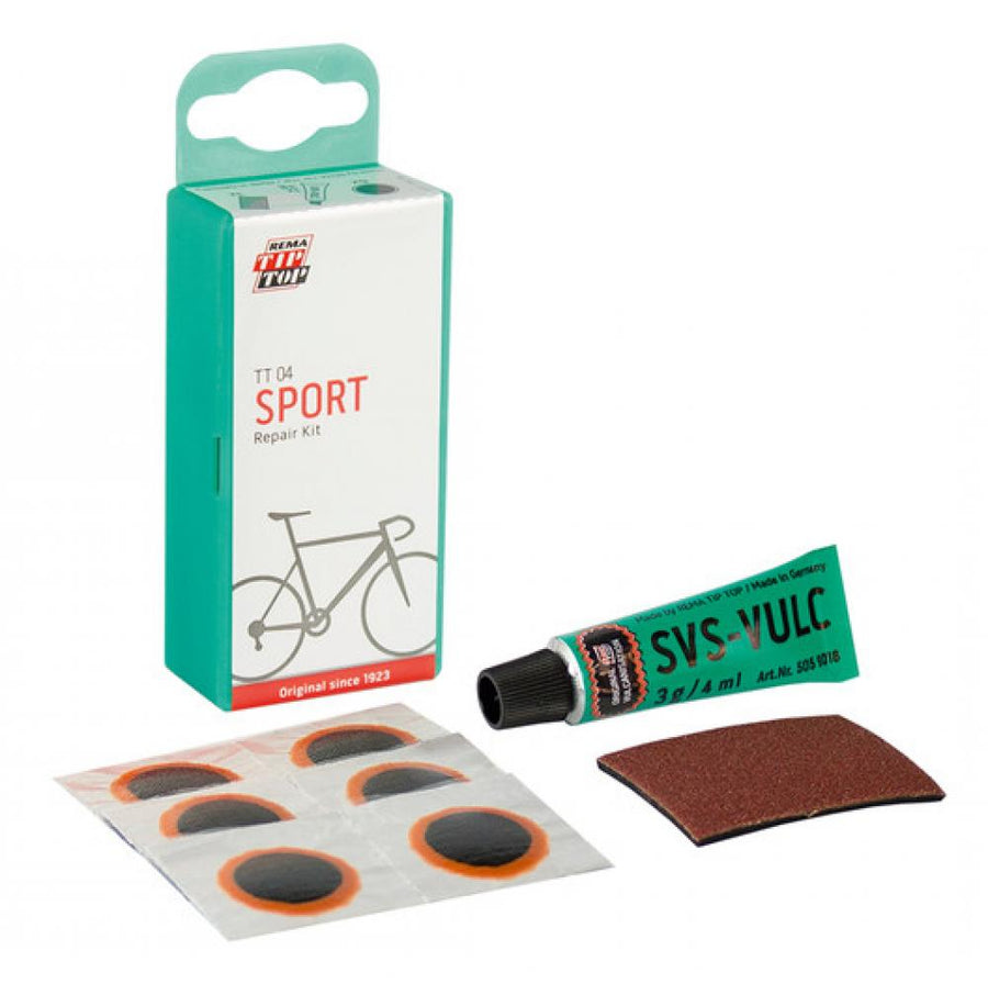 Rema Tip Top Flickzeug TT04 - Reparatur-Set für Fahrradschläuche, 6 Flicken (Größe F0), Vulkanisierflüssigkeit, Rauhpapier, SB-Verpackung