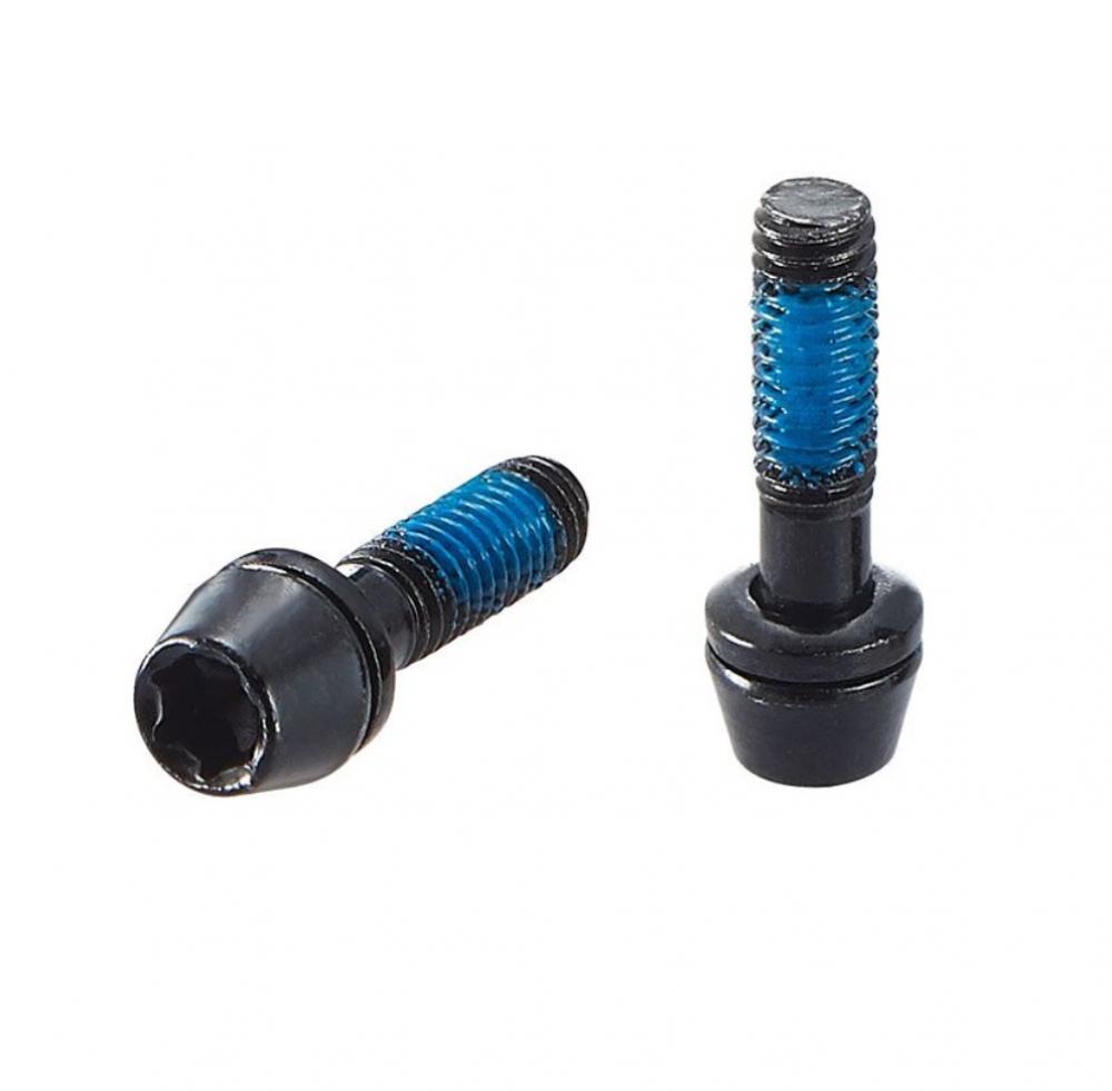 Zwei schwarze Ritchey WCS Chicane Vorbau-Schrauben mit blauem Gewindekleber für Fahrrad-Lenkerkappe.
