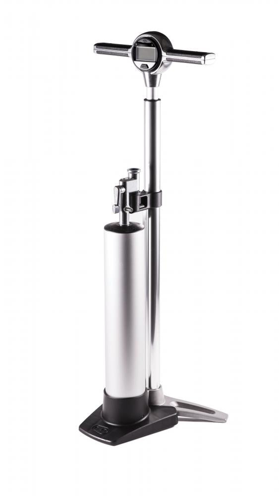 Crankbrothers Klic Standpumpe silber mit Tubeless Tank und digitalem Manometer.