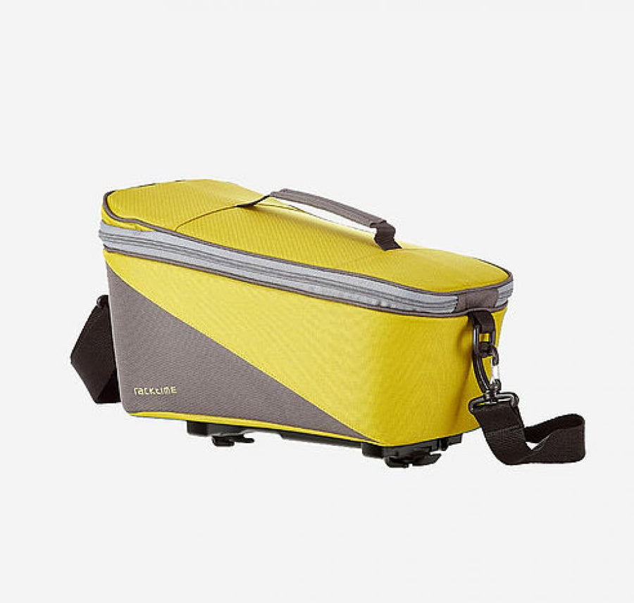 Racktime Talis 2.0 Gepäckträgertasche 8L in Limettengrün und Steingrau.
