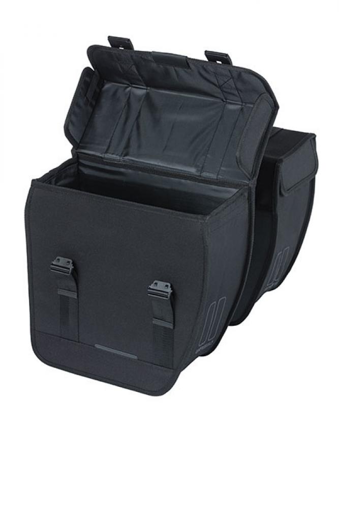Schwarze offene Basil Tour XL Doppelpacktasche, 35l Fahrrad-Gepäcktasche mit Schnallen und Seitenfach.
