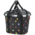 KLICKfix Reisenthel Fahrradkorb Fahrradtasche Bikebasket schwarz mit bunten Punkten und Tragegriffen.