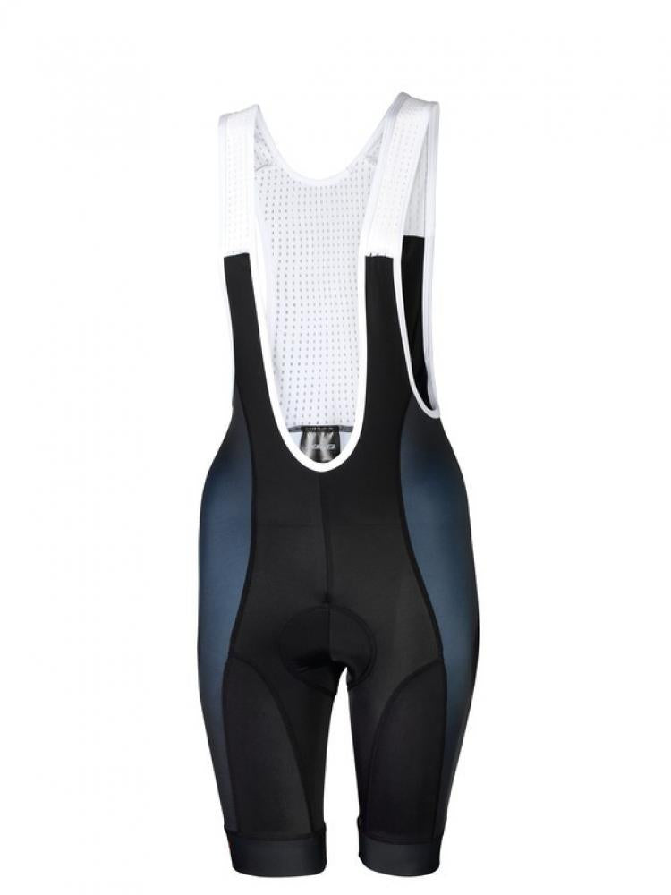 XLC Race Hose Damen Gr S, schwarze Fahrrad-Trägerhose mit grauen Seiten, weißen Trägern und atmungsaktivem Netzrücken.