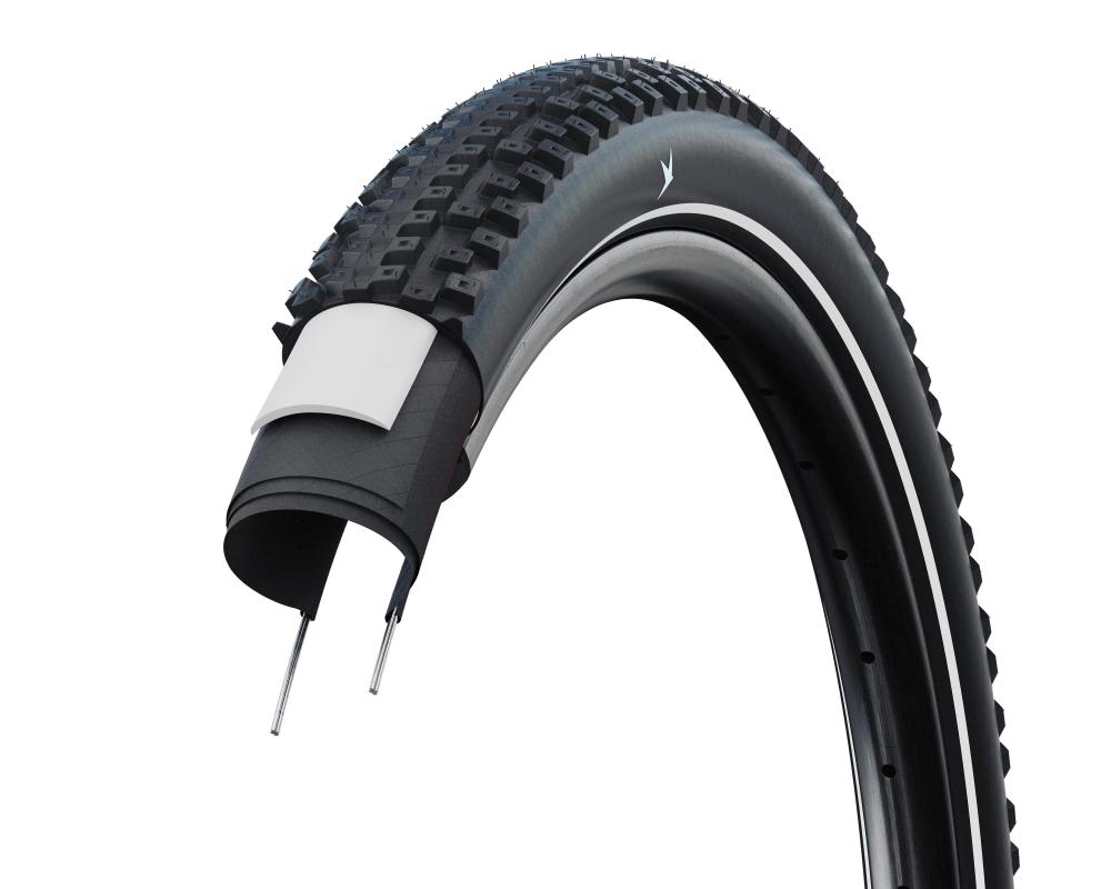 Schwalbe Advancer Hybrid 60-622 Drahtreifen schwarz, mit Querschnitt zeigt Pannenschutz und Trekkingprofil.