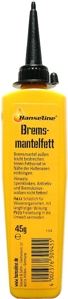 Gelbe Flasche Hanseline Bremsmantelfett 45g Spezialfett für Bowdenzüge, reduziert Reibung und schützt vor Korrosion.
