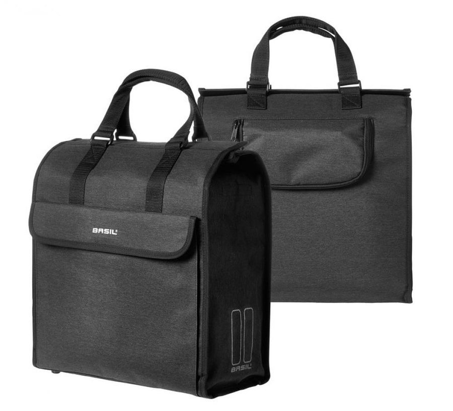 Basil Shoppertasche Mira schwarz, 17l Fahrrad-Einkaufstasche in zwei Ansichten.