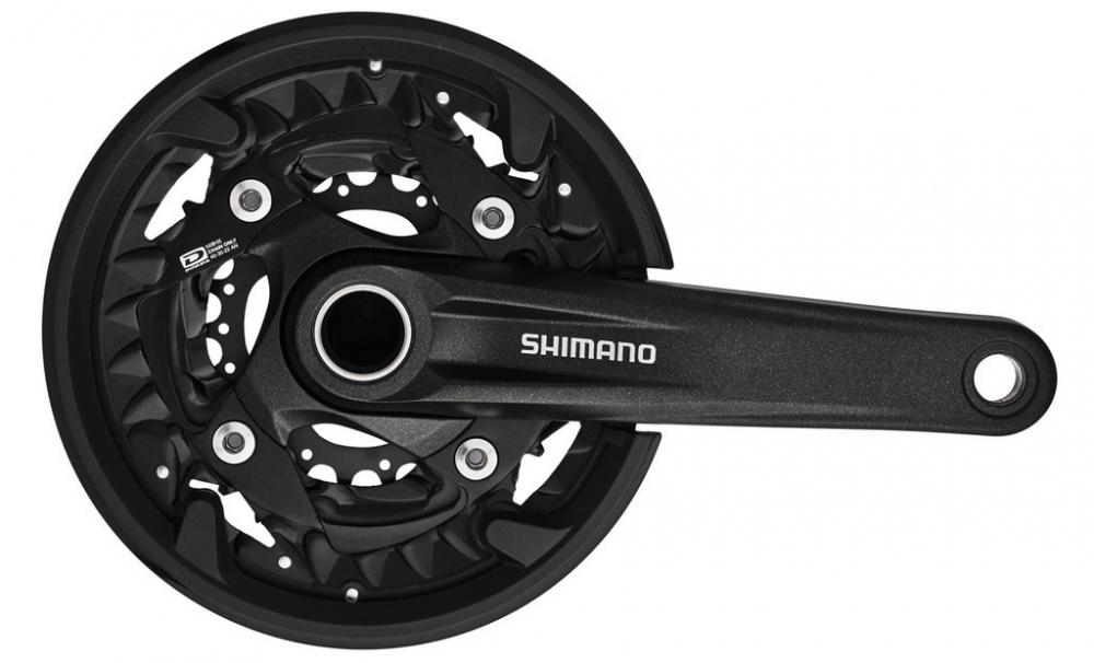 Schwarze SHIMANO 10-fach Mountainbike Kurbelgarnitur mit 40-30-22 Zähnen.