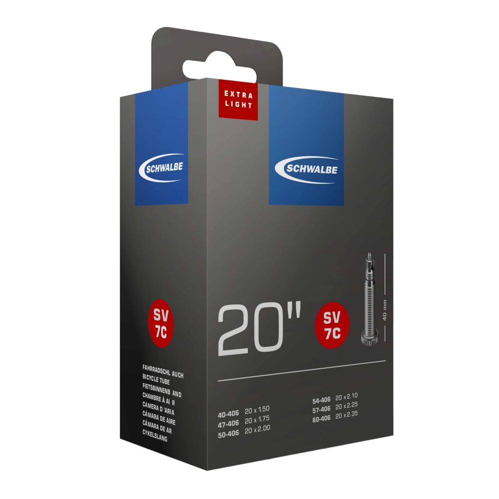 Schwalbe Schlauch SV7C extra leicht 20x1.75-2.35" 40/60-406 SV40mm Produktverpackung.