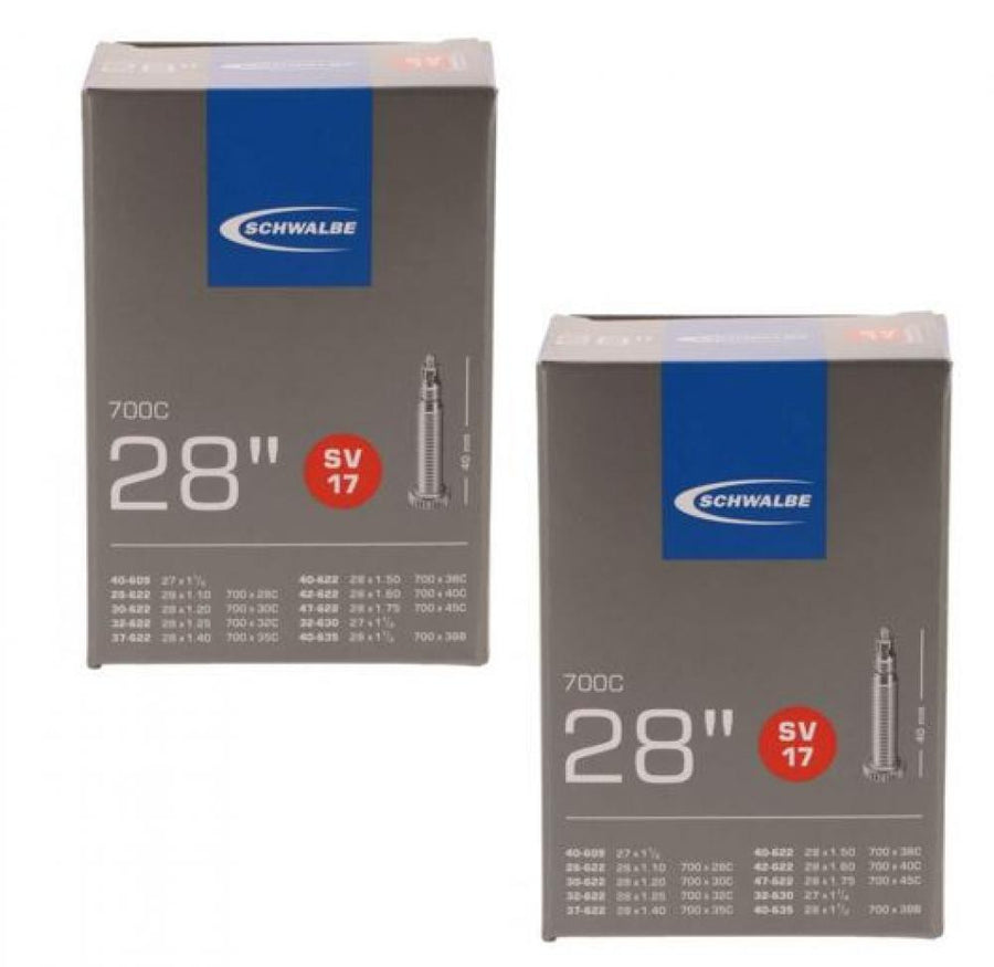 Zwei Schwalbe SV17 Schläuche 28 Zoll mit 40 mm Sclaverandventil für Reifenbreiten von 1.10 bis 1.75 Zoll.
