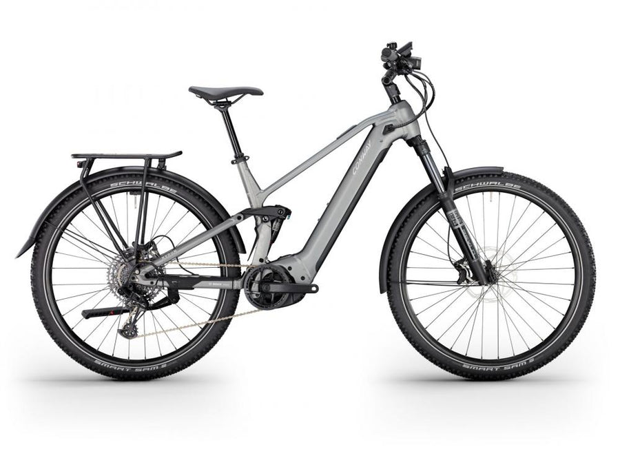 CONWAY Elektro-SUV "Xyron SUV 5.0" (#1), Full Suspension, 29", graphit grey matt, 12-Gang SRAM "SX Eagle", 43 cm / MnnDas Fahrrad besteht aus einem Aluminiumrahmen und ist mit einer Federgabel ausgestattet, die einen Gabelfederweg von 150 mm bietet. Die A
