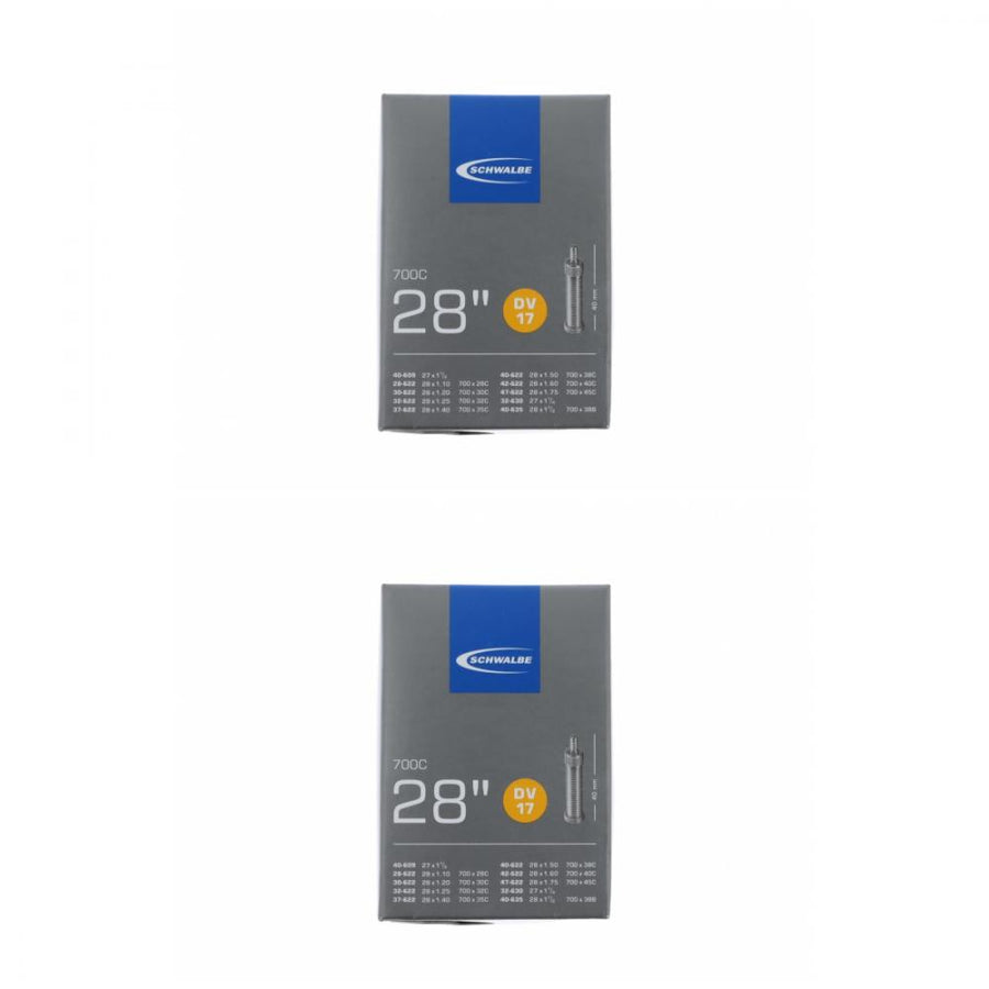 Zwei Packungen Schwalbe Fahrradschlauch DV17 für 28 Zoll Reifen in der Größe 1.10 bis 1.75 Zoll.