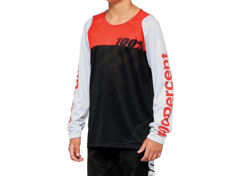 100% R-Core Youth Long Sleeve Jersey L Black/Racer Red - leichtes DH/BMX-Trikot für junge Rider