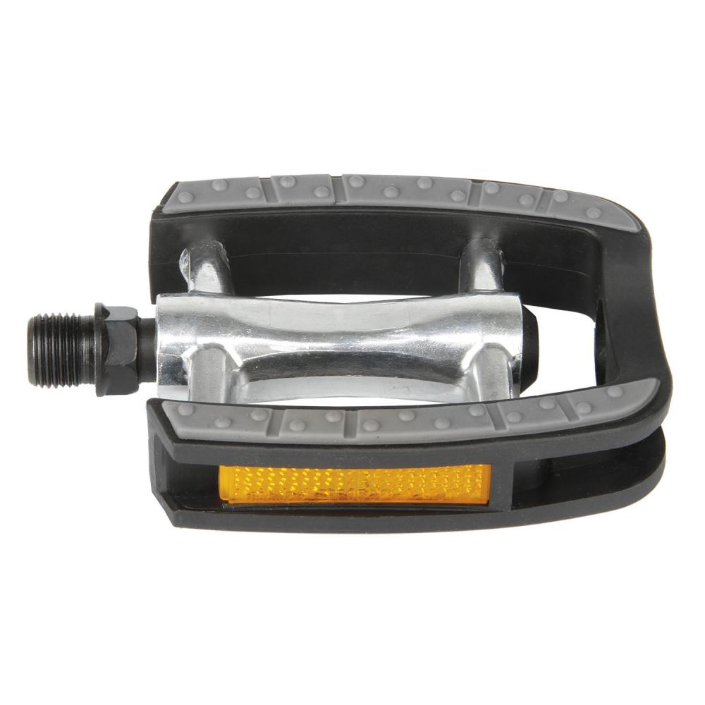M-WAVE Steady-C Antirutschpedale in Silber-Schwarz mit Aluminiumkörper, Antirutschauflage und gelben Reflektoren.
