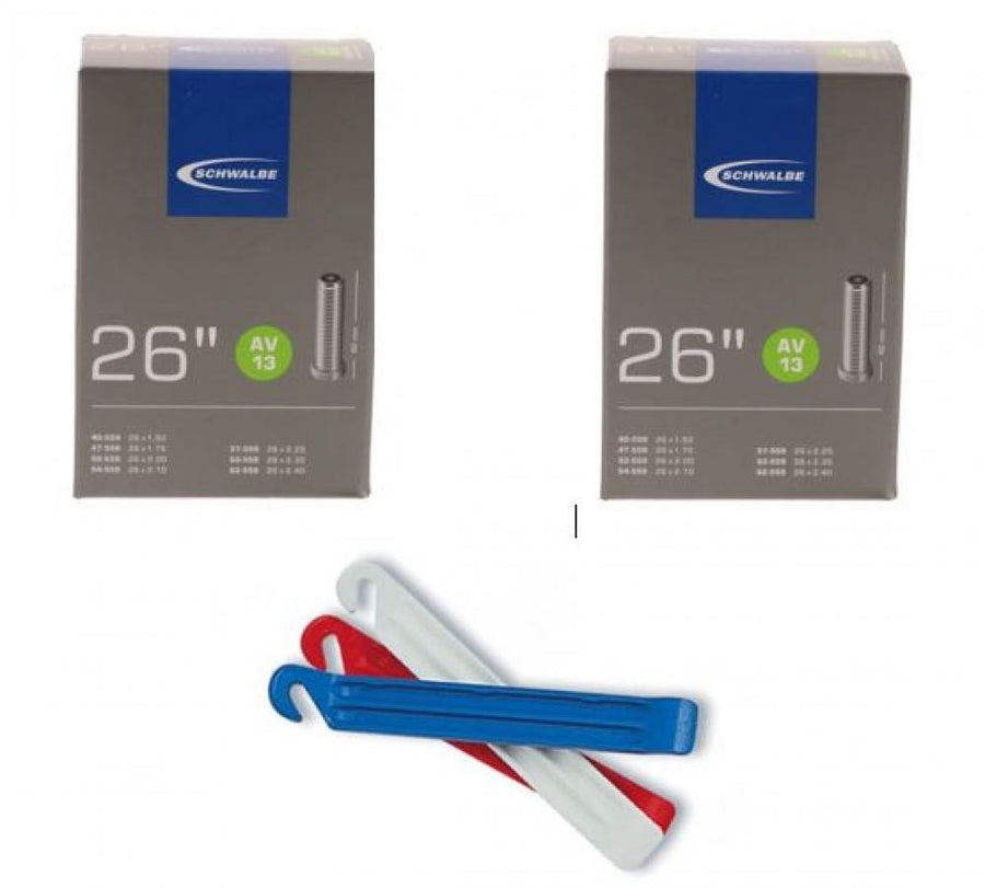 2x Schwalbe AV13 Fahrradschlauch 26 Zoll 40mm mit 3er-Set Zefal Reifenheber in Blau, Weiß und Rot.