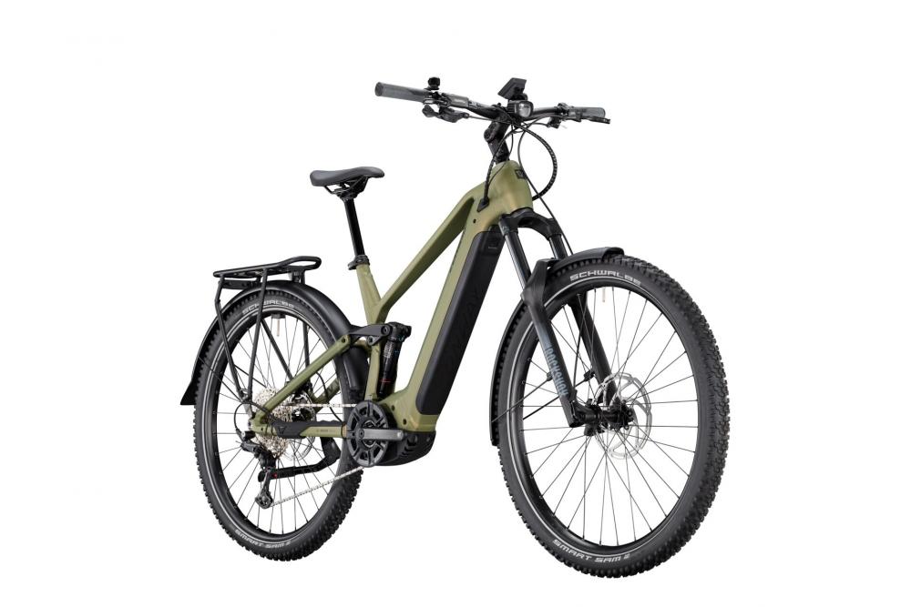 CONWAY Elektro-SUV "Xyron SUV 4.0" (#1), Full Suspension, 29", reseda green matt, 12-Gang SHIMANO "Deore", 40 cm / SnnDas Elektro-SUV ist mit einem Aluminiumrahmen ausgestattet und verfügt über eine Federgabel mit einem Gabelfederweg von 150 mm. Im Rahmen