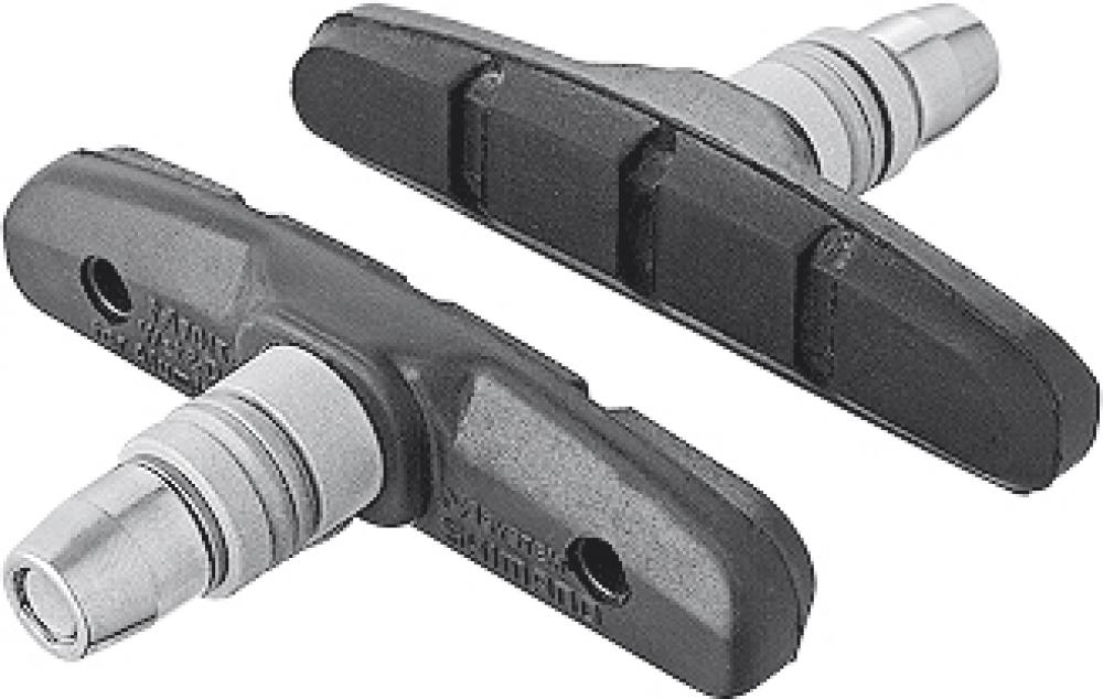 Zwei schwarze SHIMANO M70T4 MTB Bremsschuhe mit silbernen Befestigungsbolzen und Cartridge-Belägen für Alufelgen.