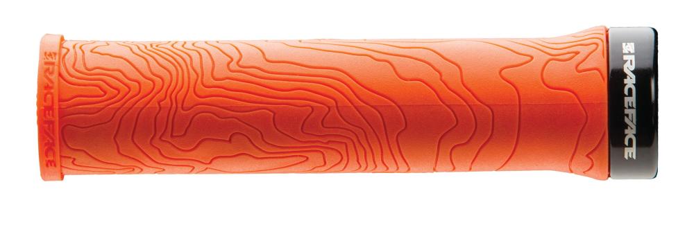 Race Face Half Nelson Lock-On Griff 29mm orange mit Topo-Muster, maximaler Grip bei minimalem Gewicht.