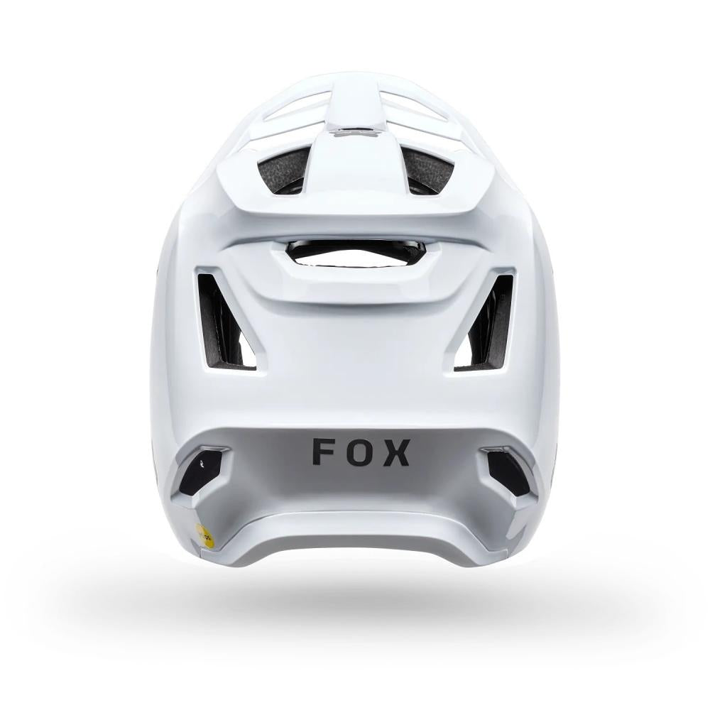 Weißer FOX Rampage Fullface MTB-Helm (Rückseite) mit Mips-System, 360-Grad-Belüftung und FOX-Logo.
