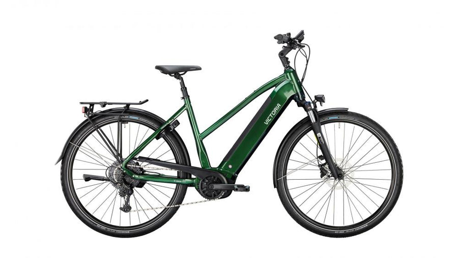 VICTORIA Elektro-Trekkingrad "TRESALO 12" (#1), Trapez, 28", emerald green, 1x9-Gang SHIMANO "Cues", 53cm