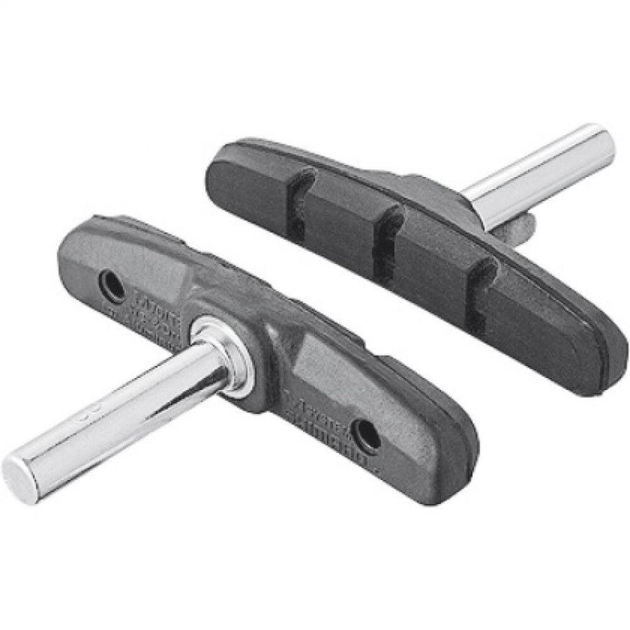 Shimano M70T2 Bremsschuhe für Alufelgen, schwarze Bremsbeläge mit silbernen Befestigungsbolzen für Fahrrad-V-Brakes.