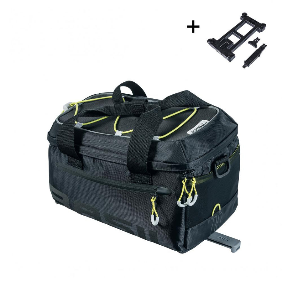 Basil Miles MIK 2.0 Gepäckträgertasche, 7L, wasserdicht, schwarz-lime, inklusive MIK-Adapterplatte für das Fahrrad.