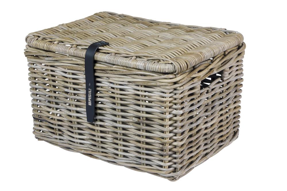 Basil Dax L Rattan-Vorderradkorb grau mit Deckel, grobmaschig, 36x48x30 cm, 5kg Traglast.