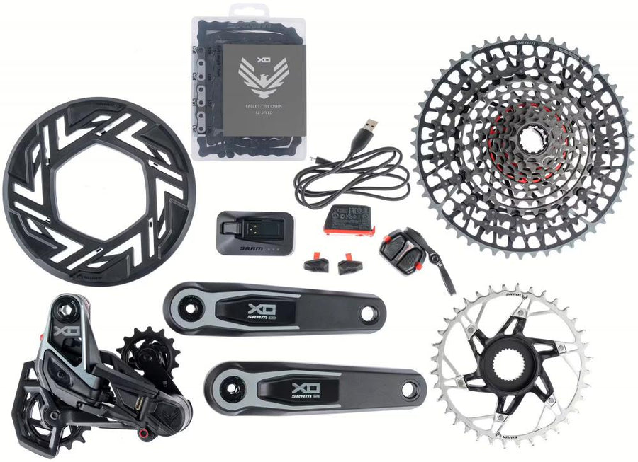 SRAM XO AXS Eagle Transmission E-MTB Antriebskomplettset: Schaltwerk, Kassette, Kurbel, Kette, Shifter, Akku und Ladegerät.