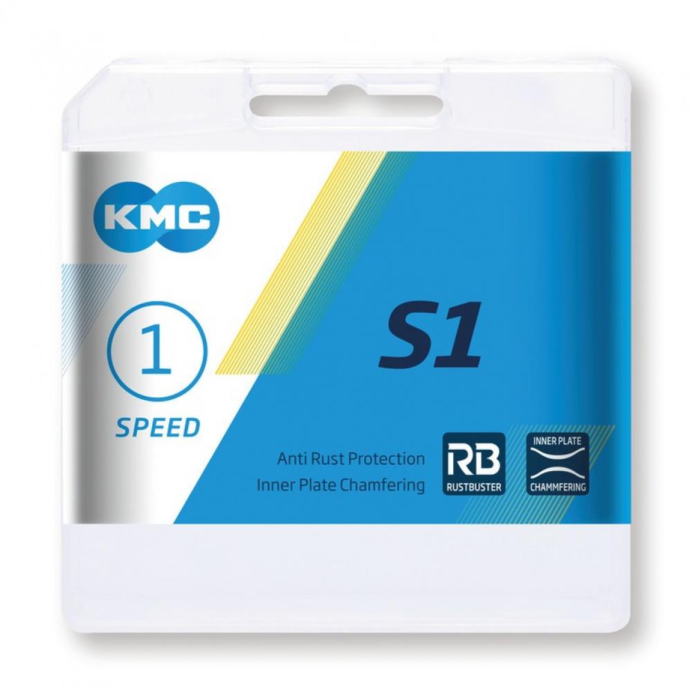 KMC S1 Wide RB 1s Singlespeed-Fahrradkette, matt silber, mit Rustbuster Anti-Rost-Schutz, in Verpackung.