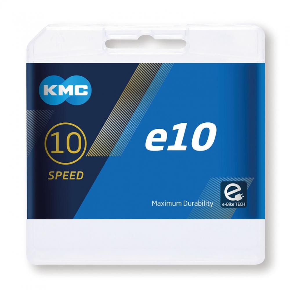 KMC e10 E-Bike Kette 10-fach Verpackung, blau-weiß, mit 'Maximum Durability' und 'e-Bike TECH' Logo.