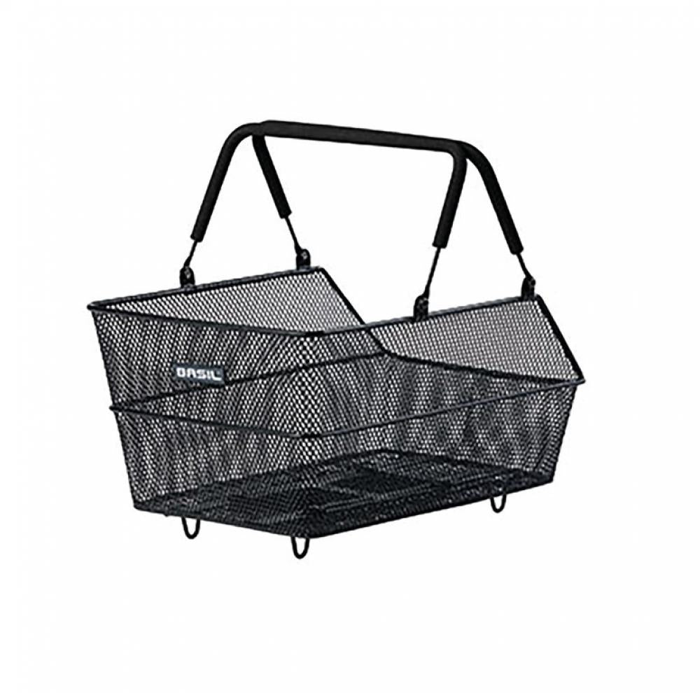 Basil Cento S MIK schwarzer feinmaschiger Stahl-Hinterradkorb mit MIK-Adapterplatte, 11 Liter.