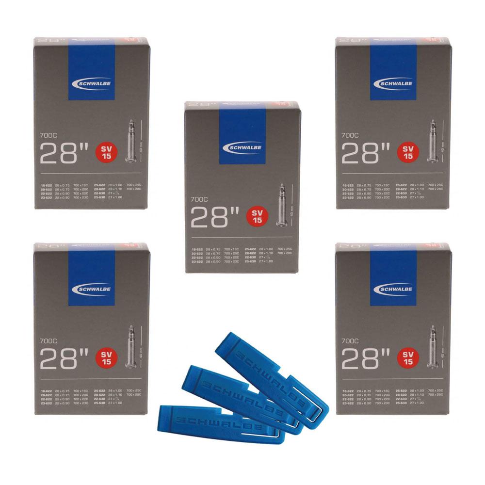 5 Schwalbe SV15 28 Zoll Fahrradschläuche mit 40mm SV Ventil und 3 blaue Reifenheber im Set