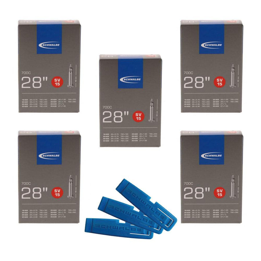 5 Schwalbe SV15 28 Zoll Fahrradschläuche mit 40mm SV Ventil und 3 blaue Reifenheber im Set