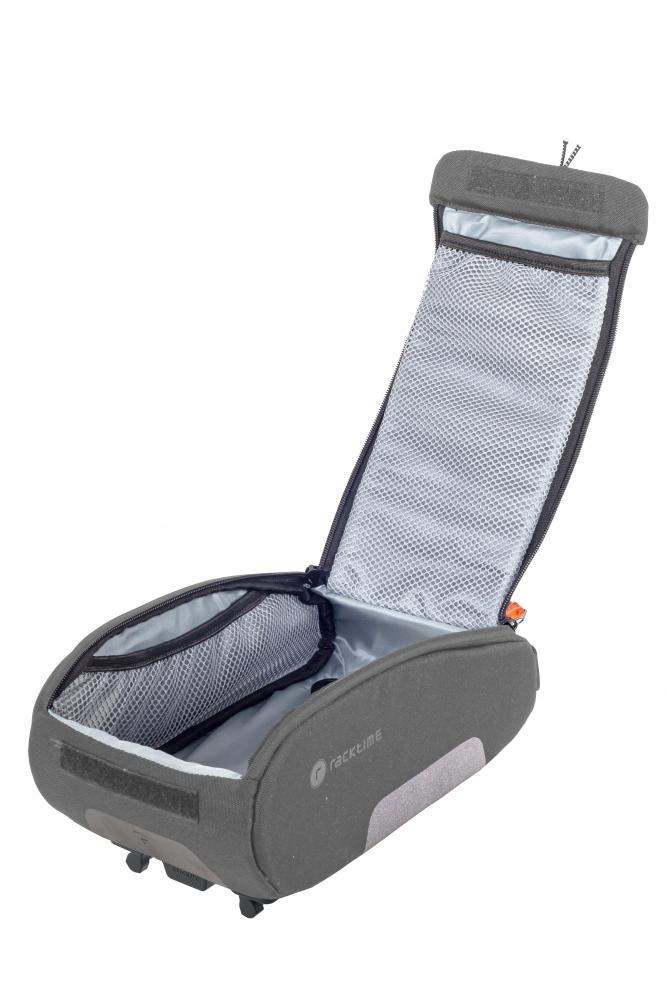 racktime Yoshi 1 Gepäckträgertasche anthrazit, offen mit Netzfächern für Smartphone und Schlüssel. Kompakte Fahrradtasche.