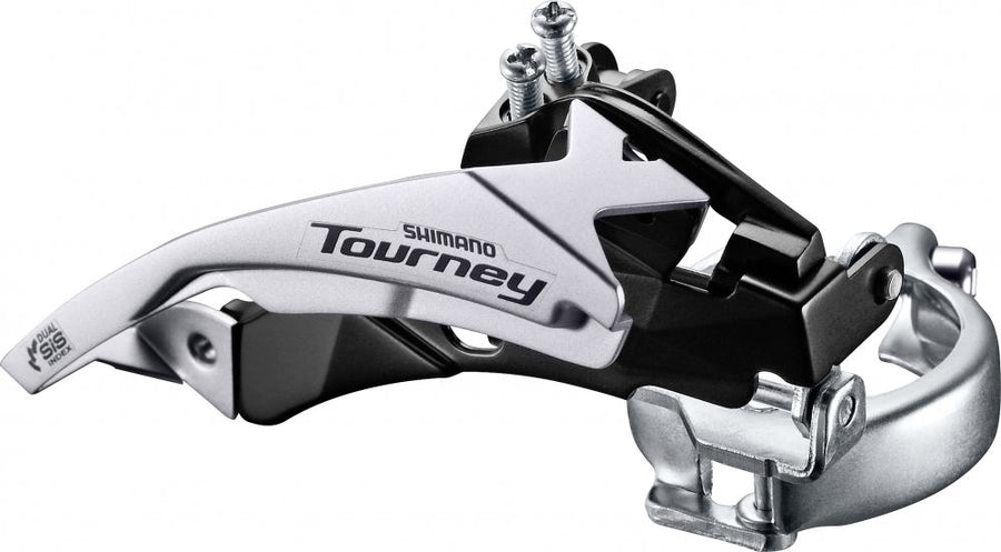 Shimano Tourney FD-TY500 3-fach Umwerfer für MTB/Trekking, silber/schwarz mit Dual SIS Index Logo.