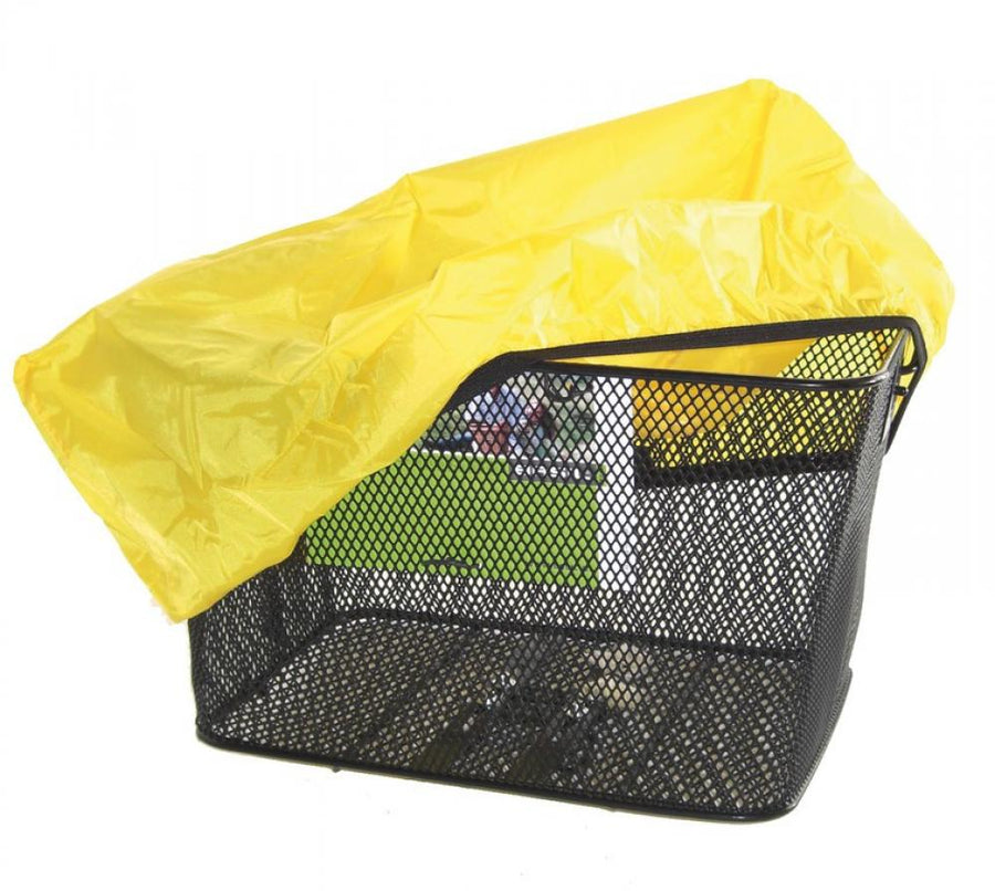 Gelbe Hock Regenschutzhaube 40x30 cm liegt auf einem schwarzen Draht-Fahrradkorb.
