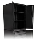 Schwarzer Unior Werkzeugschrank 949.1-BLACK mit offener Tür und Regalböden.
