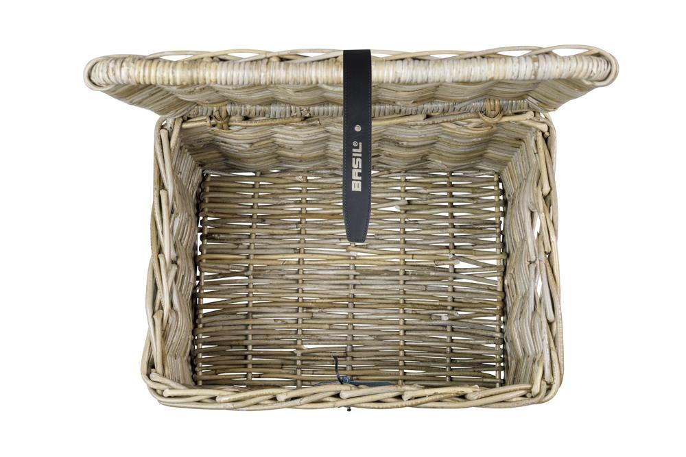 Basil Dax L Vorderradkorb aus Rattan mit Deckel, grobmaschig, grau, 36x48x30 cm.