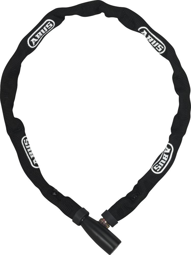 Abus Kettenschloss 1500 Web in Schwarz, 110 cm lang, mit Textilummantelung und Logo-Aufdruck.