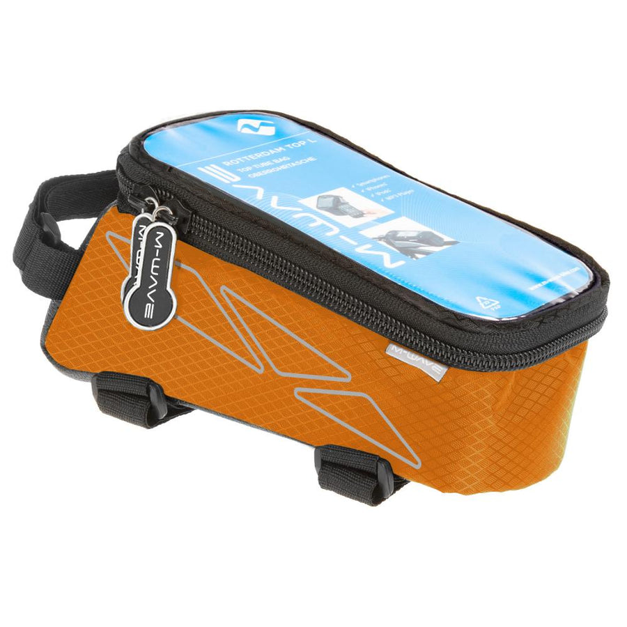 M-WAVE Rotterdam Top L Oberrohrtasche orange - Smartphone-Fach, wasserabweisend, Touchscreen-kompatibel, Reflektoren