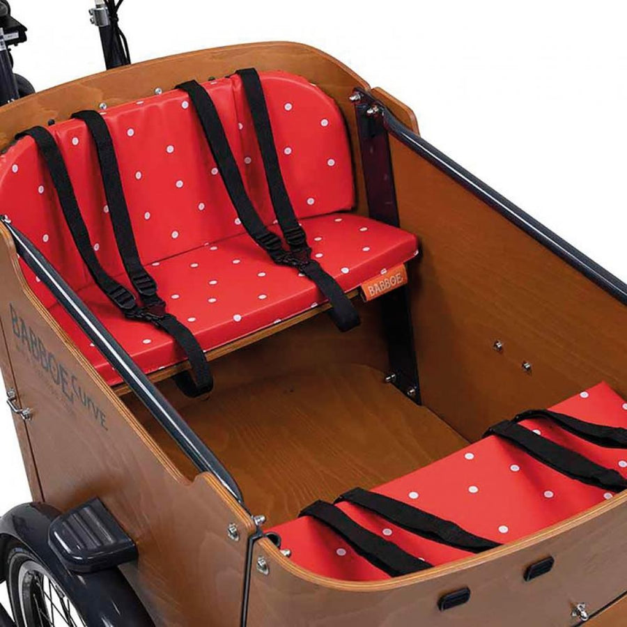 Babboe Kissenset Spotty Dots für Curve Lastenrad mit roten gepunkteten Polstern und Gurten.