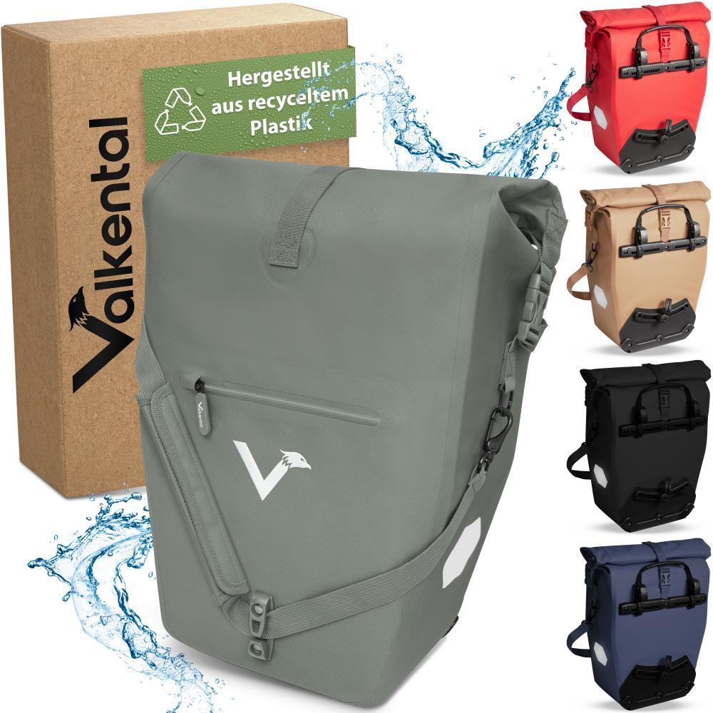 Valkental Gepäckträgertasche ValkOcean Seegras aus Recycling-Plastik in Grau und weiteren Farben mit Verpackung.