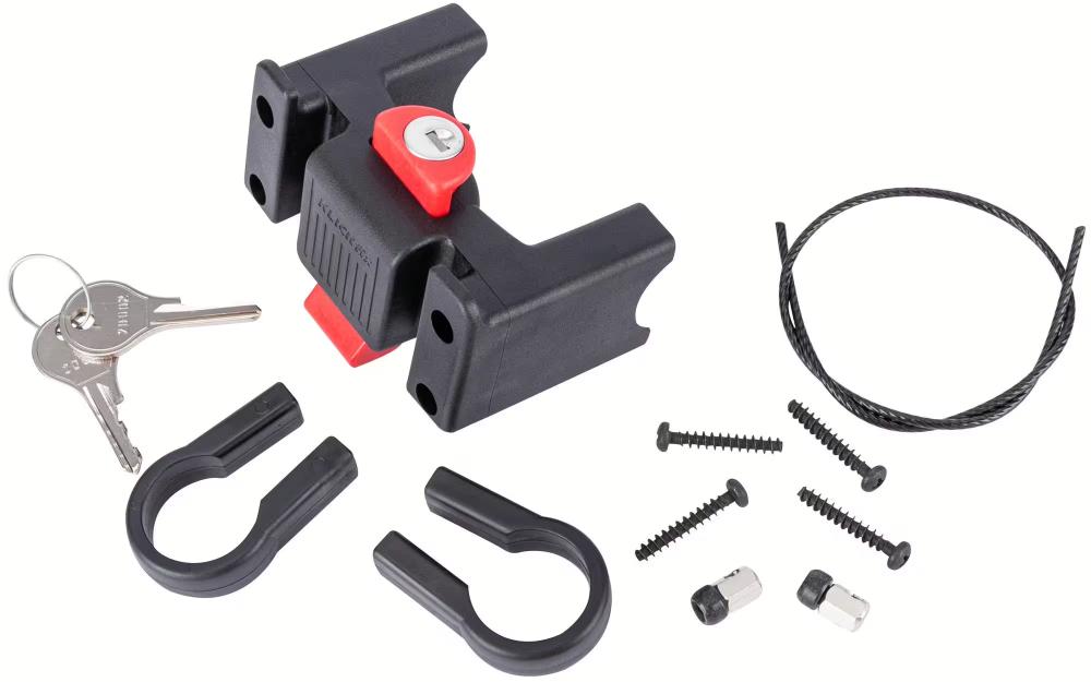 KLICKfix Lenkeradapter mit Schloss inklusive Schlüsseln und Montageset für Fahrradkörbe an 22-26 mm Lenkern.