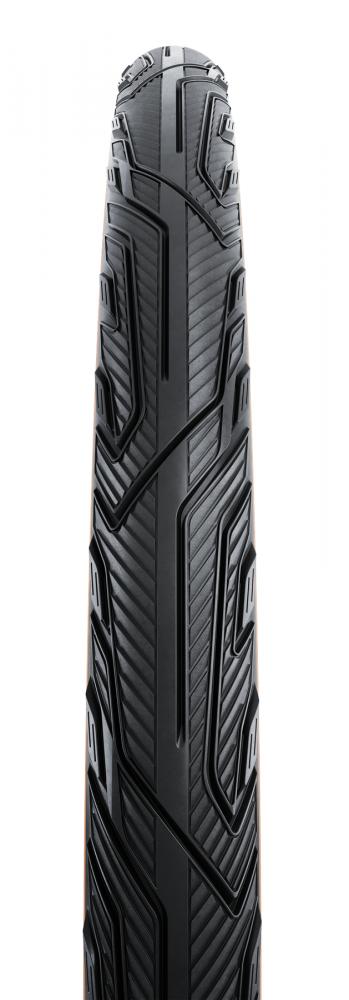 Schwarzer Continental Pure CONTACT E-50 Faltreifen 55-622 mit robustem Profil für Premium-Pannenschutz und Nachhaltigkeit.