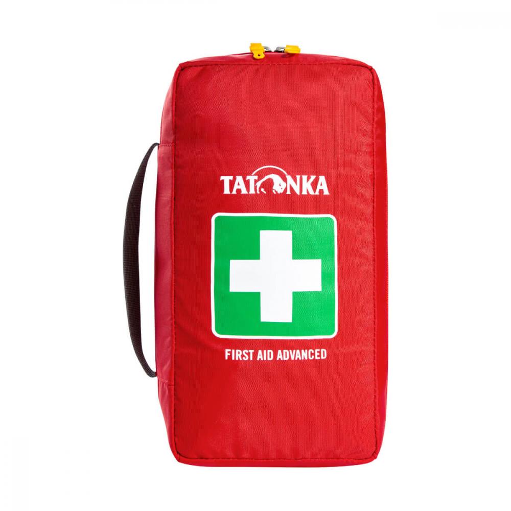 Rotes Tatonka First Aid Advanced Erste-Hilfe-Set, kompakt, mit Tatonka Logo und weißem Erste-Hilfe-Kreuz.