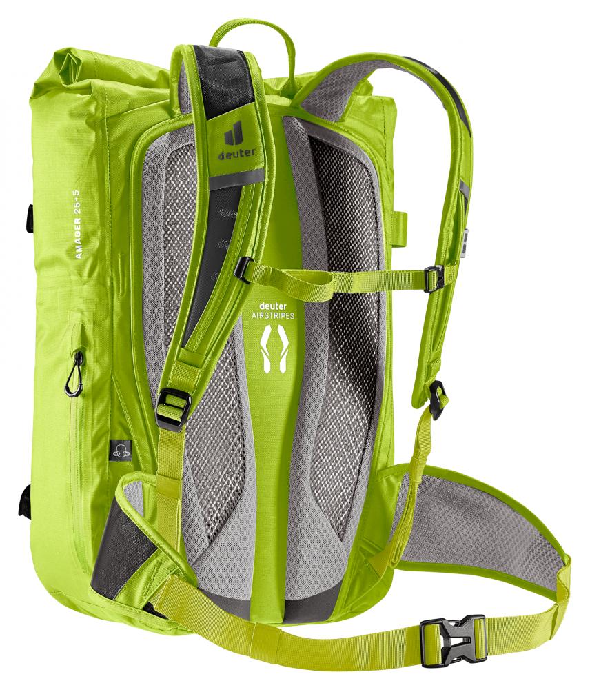 Rückansicht des wasserdichten Deuter Amager 25+5 Fahrradrucksacks in Citrus mit ergonomischem Airstripes System.
